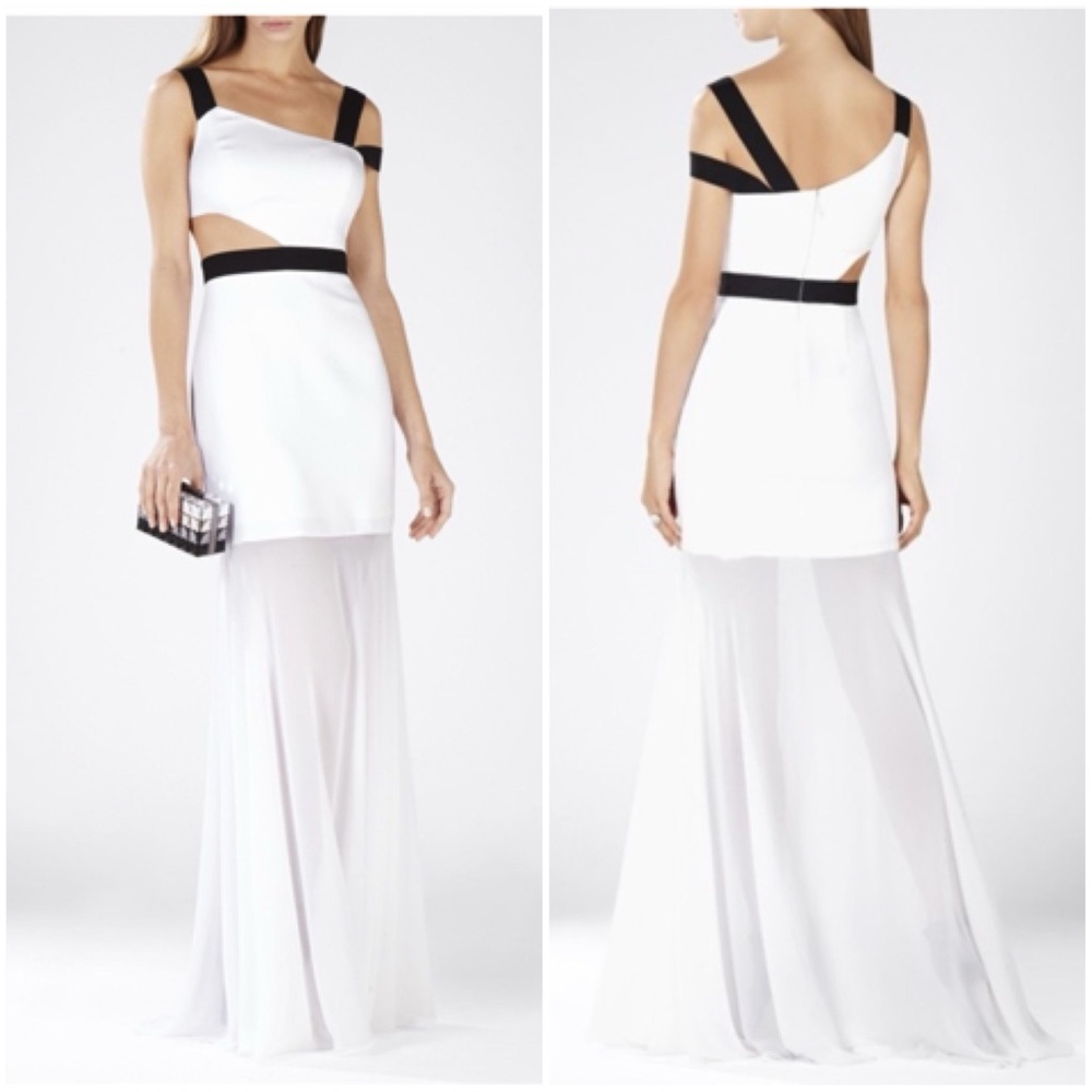 BCBG White and Black Maxi Gown Bride of Chucky Dress Cut Out Strappy Size 2 XS